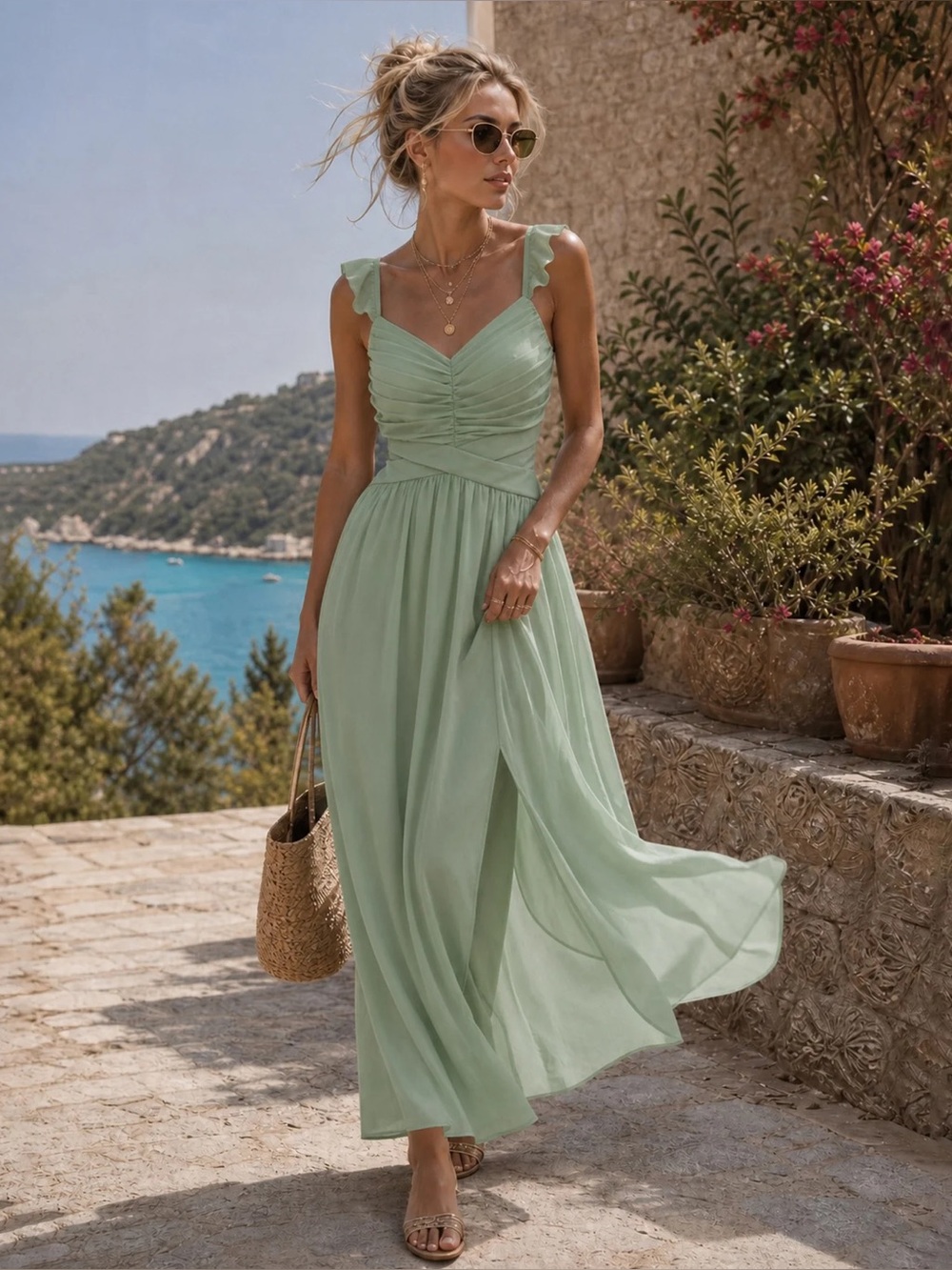 Rihoas Sage Green Ruffle Strap Maxi Dress